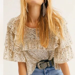 Free People Gold Sequin Ruffle Short Sleeve Top